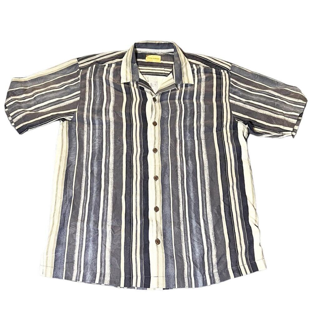 Tommy Bahama Men’s Button-Up Shirt Vertical Silk Striped Beige Tan Blue Sz Large